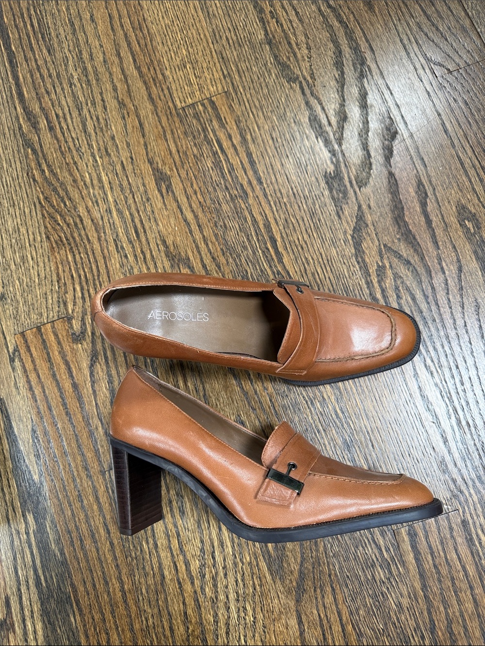 AEROSOLES Cognac Brown Leather Block Heel Loafers